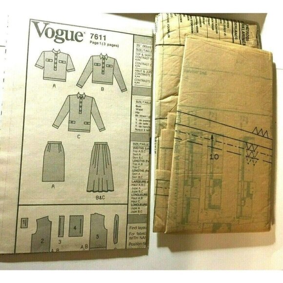 Sewing Pattern Vogue 7611 Misses Top Skirt Size 6-8-10 Easy Uncut Vintage - Picture 2 of 5